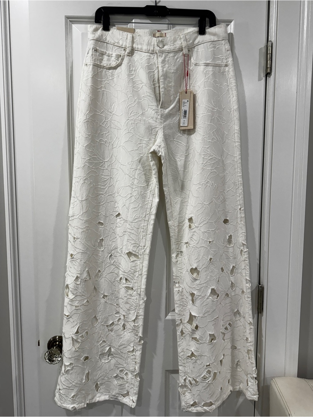 Alice + Olivia White Floral Cutout Wide-Leg Jeans